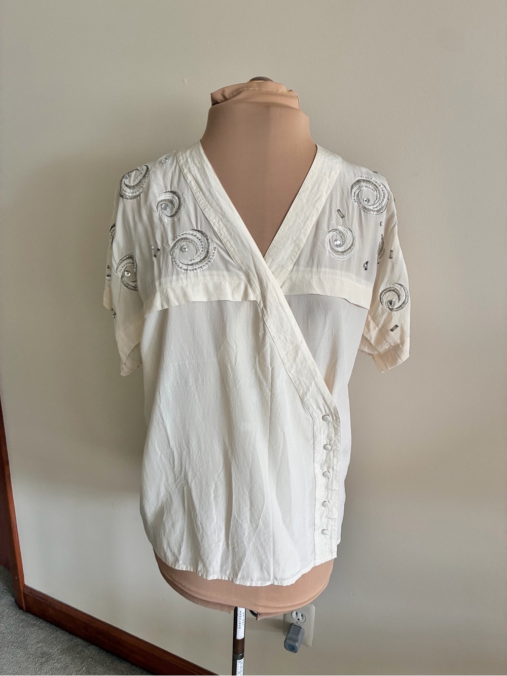 Suzelle Cream Embroidered Wrap-Style V-Neck Blouse